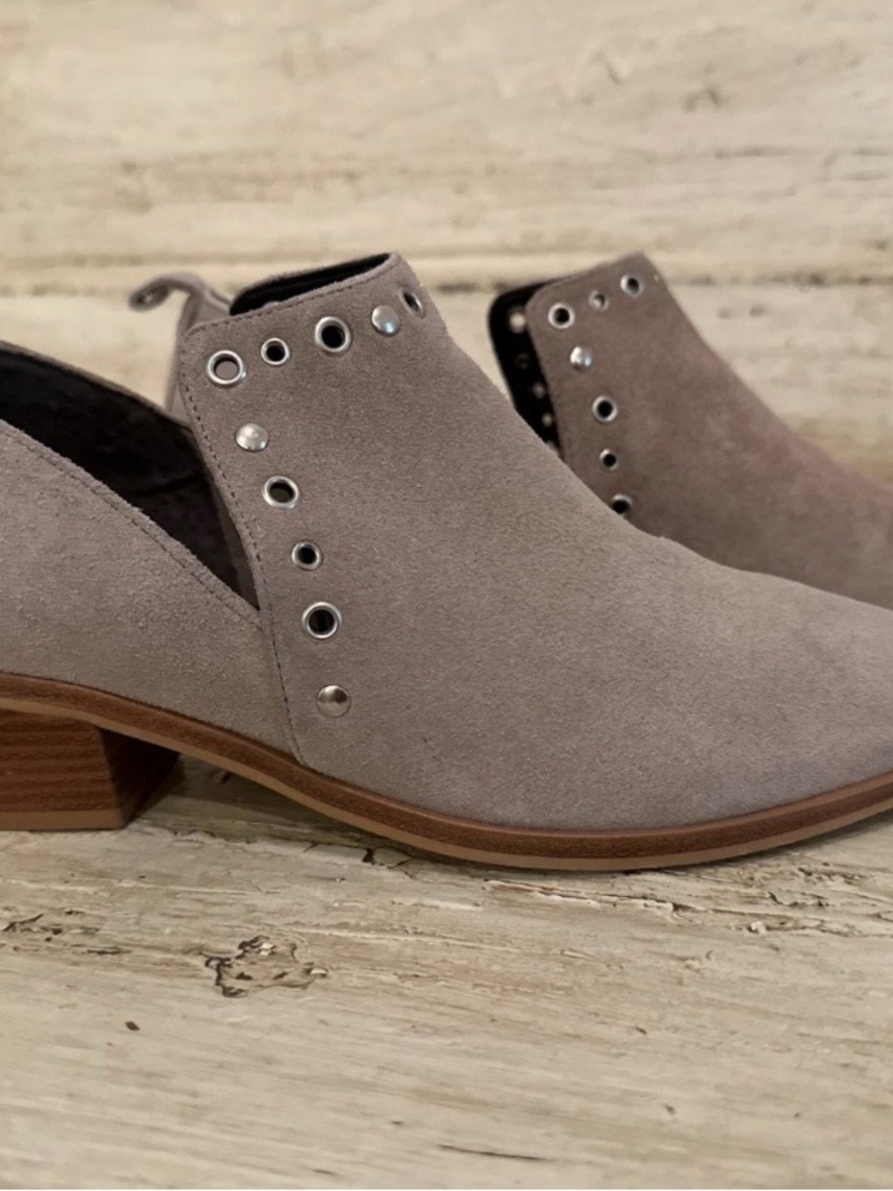 Rebecca Minkoff Taupe Suede Cutout Ankle Booties with Silver Eyelets